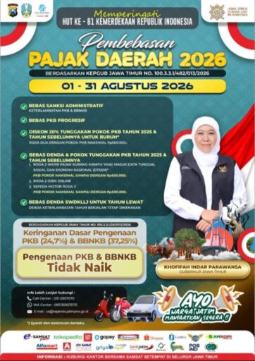 sambut HUT ke- 81 RI pemprov Jatim hapuskan beban pajak Daerah se-bulan penuh sambut HUT ke- 81 RI pemprov Jatim hapuskan beban pajak Daerah se-bulan penuh